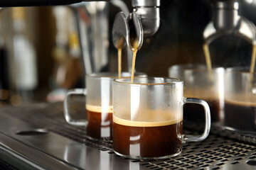 Making fresh aromatic espresso using professional coffee machine