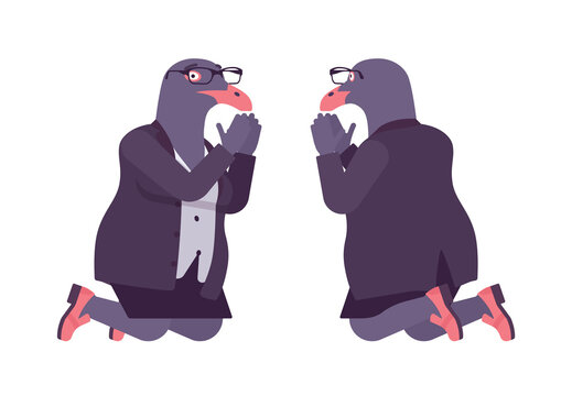 Bird Woman, Seagull Head Female Pigeon In Human Wear Praying. Plump Rounded Person With Short Legs, Clumsy Seabird, Wild Marine Creature. Vector Flat Style Cartoon Illustration, Front And Rear View