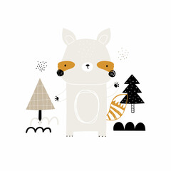 Vector hand-drawn colorful childrens illustration with cute raccoon and trees on a white background. Creative scandinavian forest card, poster, print for kids. Cute animals. Trendy kids character.