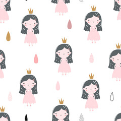 Vector hand-drawn colored childrens seamless repeating pattern with cute girls princesses in a dress with a crown on a white background. Creative kids texture for fabric, wrapping, textile, wallpaper.