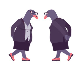 Bird woman, seagull head female pigeon in human wear pensive. Plump rounded person with short legs, clumsy seabird, wild marine creature. Vector flat style cartoon illustration, front and rear view