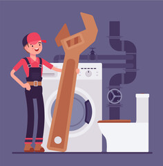 Young plumber, emergency plumbing service, sanitary toilet work, bathroom fitting. Happy skilled handy worker with giant wrench, spanner tool, professional technician to help. Vector illustration