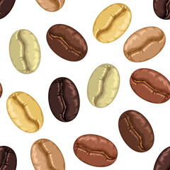Coffee beans of different roasts. Seamless pattern. Vector food background. Cartoon flat style.