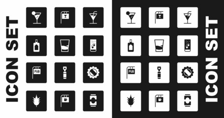 Set Cocktail, Glass of vodka, Whiskey bottle, Martini glass, Effervescent tablets water, Street signboard with Bar, Bottle cap and Pub icon. Vector