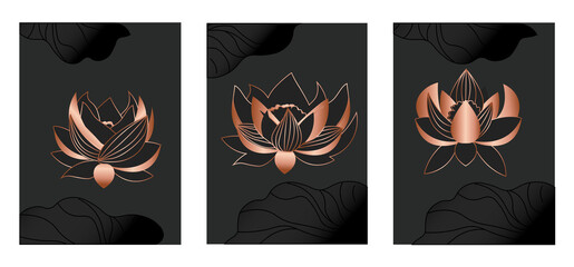 Luxury bronze wallpaper. Collection with metallic lotus flowers and gradient lines in form of leaves. Abstract posters for postcards and wall decoration. Vector illustration isolated on white backdrop