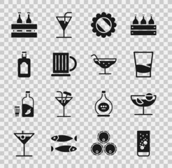 Set Effervescent tablets in water, Cocktail, Glass of vodka, Bottle cap, Wooden beer mug, Whiskey bottle, Pack bottles and icon. Vector