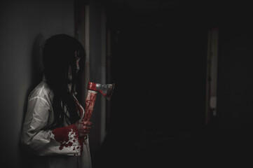Portrait of asian woman make up ghost,Scary horror scene for background,Halloween festival...