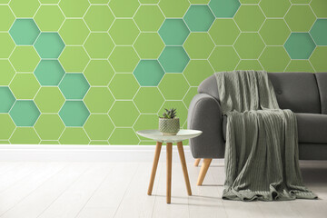 Textured wall with honeycomb pattern in stylish living room