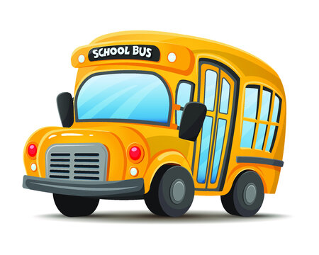 School bus, yellow, frontal view. Vector flat illustration in cartoon style isolated on white background
