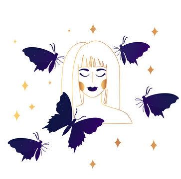 Mystical hands drawning portrait. Image of girl with butterflies on her face in vintage style. Meditation and balance, spiritual calmness. Flat vector illustration isolated on white background