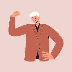 A smiling man in a business suit raised fist with confidence. Colorful flat vector illustration on isolated background. Eps 10.