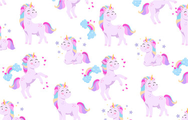 Seamless pattern with unicorn. Painting for printing on children clothes. Screensaver on your desktop. Set of stickers for girls. Cartoon flat vector illustration isolated on white background