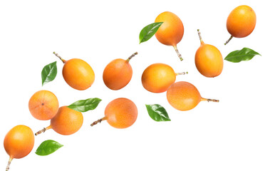 Delicious ripe granadillas falling on white background
