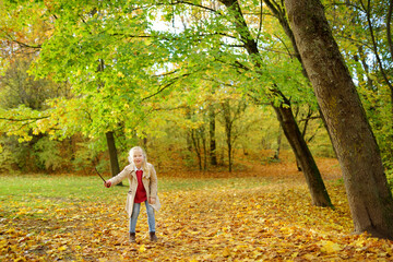 Fototapeta premium Adorable young girl having fun on beautiful autumn day. Happy child playing in autumn park. Kid gathering yellow fall foliage.