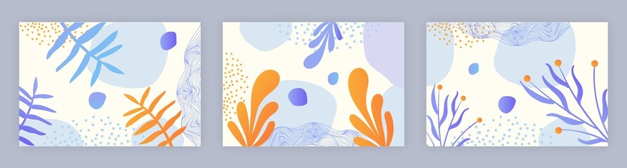 Fototapeta na wymiar Abstract artistic template. Graphic element for websites. Set of images with marine life. Templates for printing on clothes. Undersea floral world. Flat cartoon set isolated on grey background