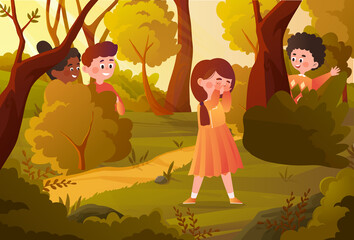 Children playing in forest. Friends playing hide and seek. Boys hiding in bushes. Teenagers have fun in an autumn day. Entertainment in park. Poster for baby. Flat cartoon vector illustration