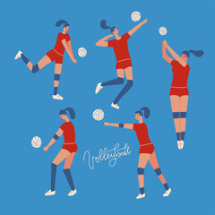 Fototapeta premium Volleyball women's team set. Characters in sports indoor activities. Vector flat illustration on blue color isolated background.