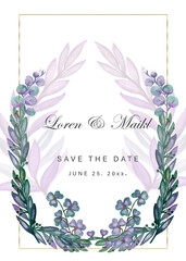 Wedding watercolor frames in blue, green leaves.Eucalyptus, lavender, delicate flowers and orchids.Watercolor flower frame for a wreath in the indie style. Hand-drawn vector leaves of blue, pink,green