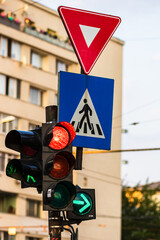 Traffic light with red light. Traffic light signal semaphore located in Bucharest, Romania, 2021