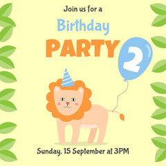 Birthday invitation card with cute lion and blue balloon. Two year birthday party.