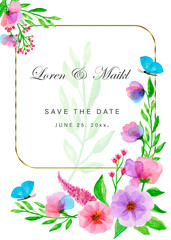 Wedding watercolor frames in blue, green leaves.Eucalyptus, lavender, delicate flowers and orchids.Watercolor flower frame for a wreath in the indie style. Hand-drawn vector leaves of blue, pink,green
