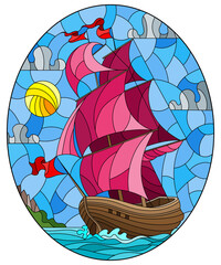 Naklejki  Ilustracja w stylu witrażu ze starym statkiem płynącym z różowymi żaglami na tle morza i zachmurzonego nieba, owalny obraz