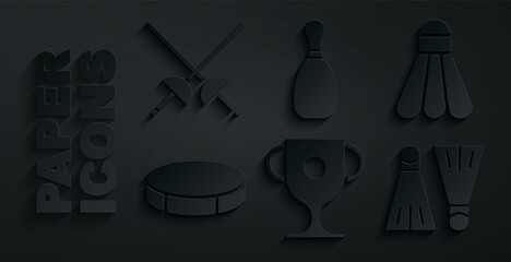 Set Award cup, Badminton shuttlecock, Hockey puck, Rubber flippers for swimming, Bowling pin and Fencing icon. Vector © Kostiantyn