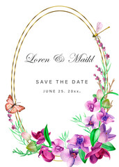 Wedding watercolor frames in blue, green leaves.Eucalyptus, lavender, delicate flowers and orchids.Watercolor flower frame for a wreath in the indie style. Hand-drawn vector leaves of blue, pink,green