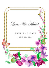 Wedding watercolor frames in blue, green leaves.Eucalyptus, lavender, delicate flowers and orchids.Watercolor flower frame for a wreath in the indie style. Hand-drawn vector leaves of blue, pink,green