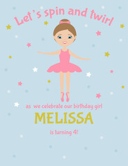 Birthday party invitation. Little girl ballerina in pink tutu dress on blue background. Cute cartoon character.