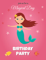  Birthday party invitation with cute mermaid on pink background. Flat style design. 