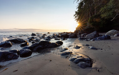 Mystic Beach on the West Coast of Pacific Ocean. Summer Sunny Sunset. Canadian Nature Landscape Background. Located near Victoria, Vancouver Island, British Columbia, Canada.