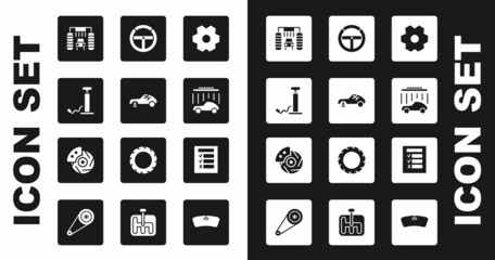 Set Gear, Broken car, Car air pump, wash, Steering wheel, inspection and brake disk with caliper icon. Vector
