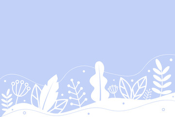Abstract Winter background with snow plants, leaves, flowers, snow drifts. Copy space. Simple and cute landscape for applications, web, game design, holiday cards, posters. Flat vector illustration