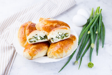 Delicious little pies with green onion and egg. Traditional Russian cuisine. Homemade cakes.