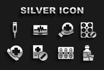 Set Medical prescription, Pills in blister pack, Bottle of medicine syrup, Emergency phone call to hospital, Cross medical, digital thermometer and Laptop with cardiogram icon. Vector
