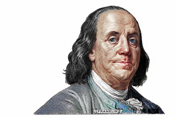 Benjamin Franklin cut on new 100 dollars banknote isolated on white background - obrazy, fototapety, plakaty