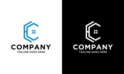 line art hexagon house shape initial letter HC logo design vector template.