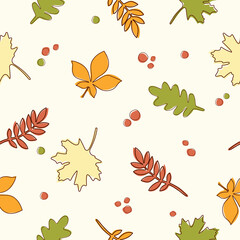 Leaf fall. Autumn leaves drawn in vector with brushes. Geometric seamless pattern for textiles, gift wrapping, wallpaper, scrapbooking. Vector illustration.