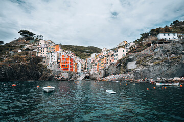 Wide angle shot of Riomaggiore's harbor famous Italian coastal village
