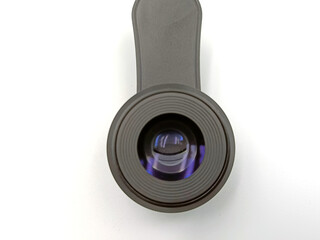 External macro lens, mobile phone clip. On white background. Accessory for mobile photography