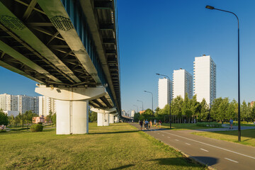 Fototapeta premium Summer sunset view of Yuzhnoe Butovo park in South Butovo district, Moscow, Russia.