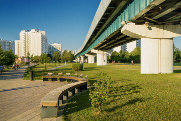 Summer sunset view of Yuzhnoe Butovo park in South Butovo district, Moscow, Russia.