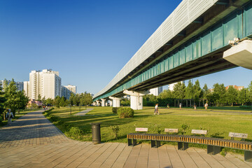 Summer sunset view of Yuzhnoe Butovo park in South Butovo district, Moscow, Russia.