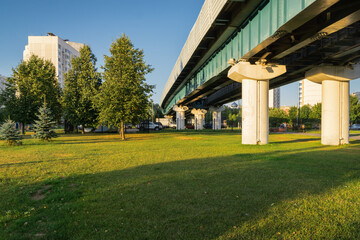 Summer sunset view of Yuzhnoe Butovo park in South Butovo district, Moscow, Russia.