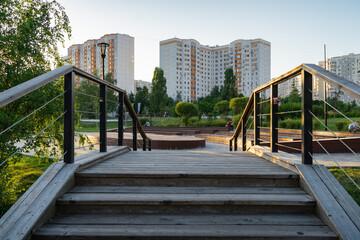 Summer sunset view of Yuzhnoe Butovo park in South Butovo district, Moscow, Russia.