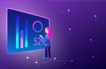 Girl carrying out audit next to the sensor monitor  with data on purple gradient background