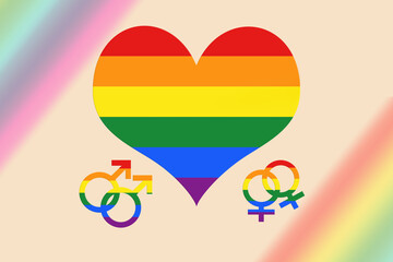 Rainbow heart on a colored background. LGBT people who bring love.