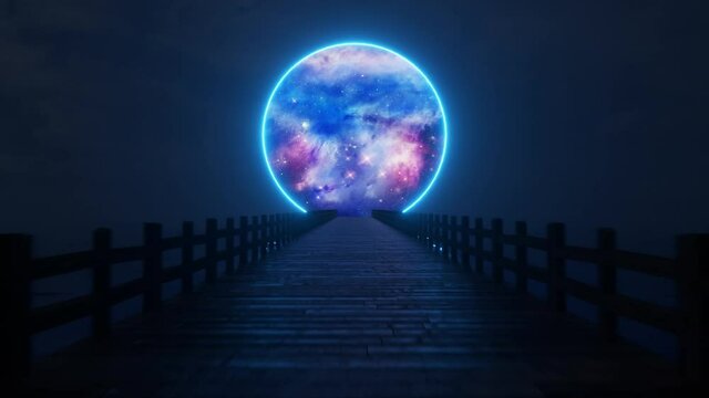 Flying along the endless wooden bridge across the ocean to his dream. Space circle with neon lighting ahead. 3D animation of seamless loop
