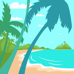 Tropical landscape. Beach Island Palm Tree Ocean Summer Vacation Concept Flat Vector Illustration
